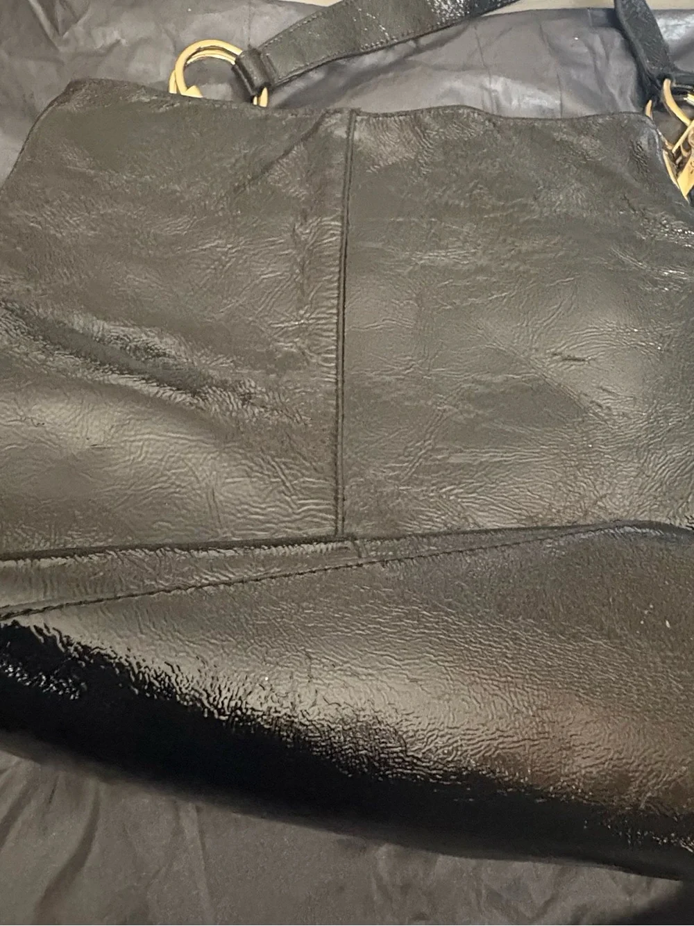 Black Patent Leather Hobo Bag with Gold Hardware